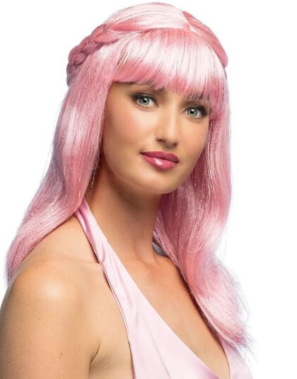 Pink Sweety Rosa Parykk med Fletter og Glitterstriper