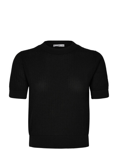 Mango Short-Sleeved Openwork Knitted Sweater - Black - XS