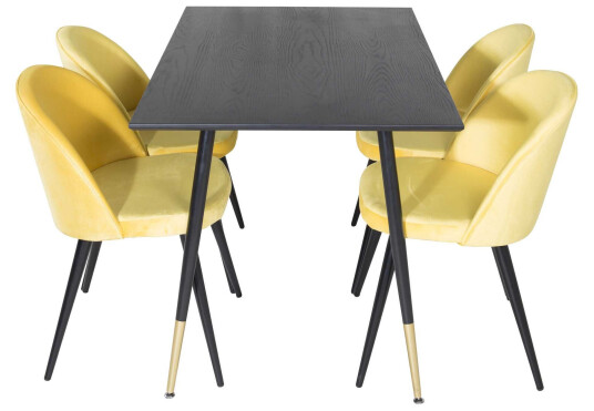 Venture Design Dipp & Velvet spisegruppe Svart/gul 4 st stoler & bord 120 x 85 cm