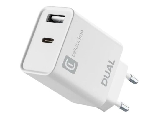 CellularLine 20W Dual Strømadapter USB-A og USB-C u/kabel - Hvit