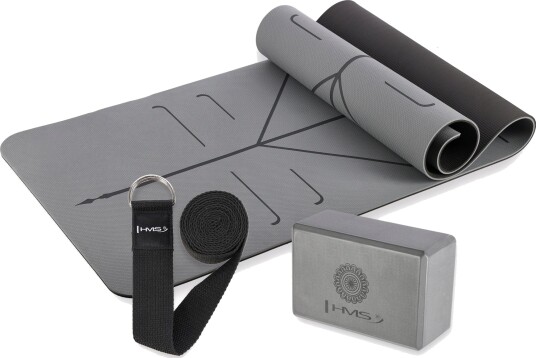 HMS Yoga Sett - Yogamatte YM10 (182x61x0,8cm) + Blokk KJ02 + Stropp SJ01 - Grå? HMS Yoga Sett - Yogamatte YM10 (182x61x0,8cm) + Blokk KJ02 + Stropp SJ01 - Grå?