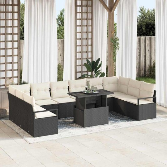 vidaXL Hagesofa Set 11 stk. 10-Antall seter Svart og krem polyrotting