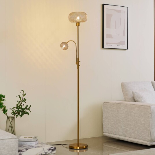 Lindby gulvlampe Aliette gull/amber glass leselampe