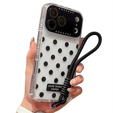 iPhone 17 Pro Max PC / TPU deksel med linsefilm og stropp   Polka Dot   Svart