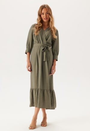 BUBBLEROOM Puff Sleeve Structured Dress Khaki green S