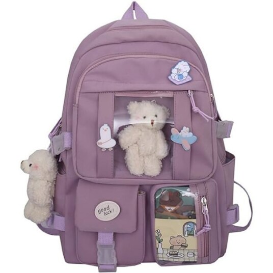 Kawaii Skolesekk for Jenter Søt Estetisk Ryggsekk Skoleveske med Pins og Tilbehør Purple