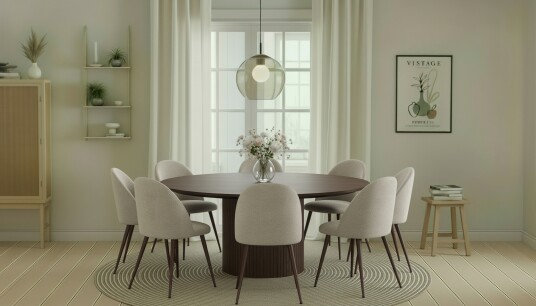 Bark Kopparbo Rundt Spisebord 180 cm med 8 Nibe Plus Spisestoler Valnøtt / Greige Bouclé / Metallben Valnøtt
