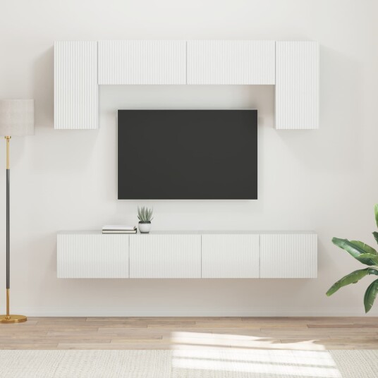 TV benksett Veggmontert 4 pcs Høyglanset hvit Konstruert tre TV benksett Veggmontert 4 pcs Høyglanset hvit Konstruert tre