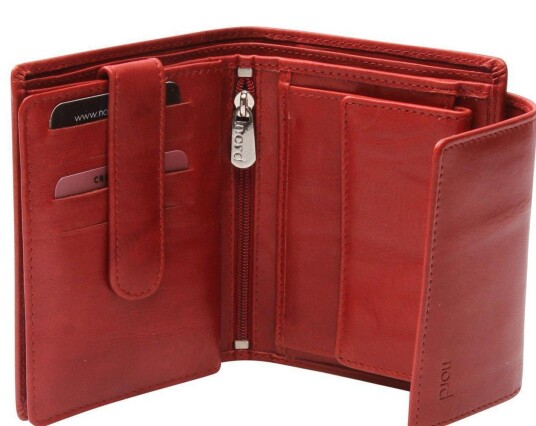Nord Leather Dame skinn portemone 9 kortlommer/ myntlomme Rød