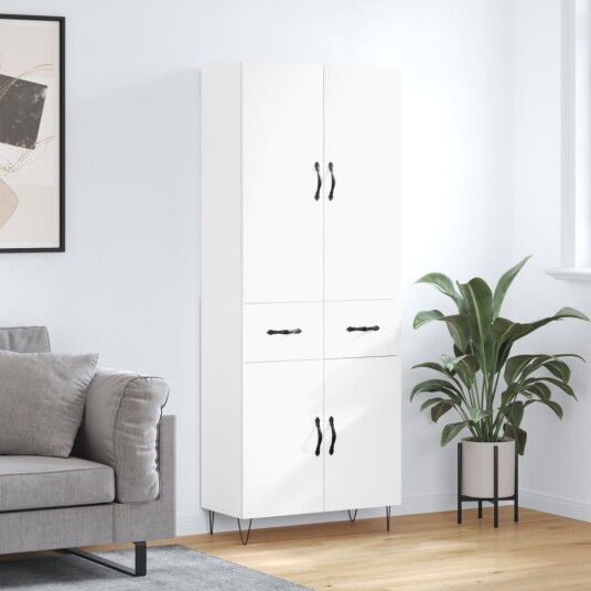 Highboard hvit 69,5x34x180 cm konstruert tre