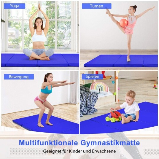 240 x 120 x 5 cm sammenleggbar gymnastikkmatte med borrelås og 2 bærehåndtak blå