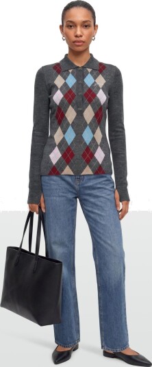 Ganni Paloma Merino Jacquard Polo Top Grey XS