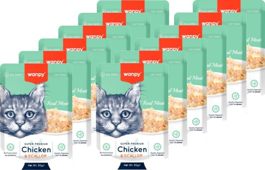 Wanpy 12 x Cat Retort Pouch & Scallop 1020gr total Chicken