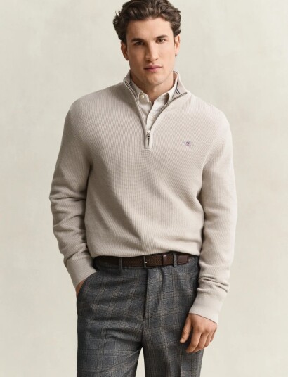 Gant Waffle Knit Half Zip Sweater Beige L Gant Waffle Knit Half Zip Sweater Beige L