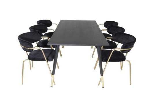 Venture Design Dipp & Arrow spisegruppe Svart/svart 6 st stoler & bord 180 x 90 cm