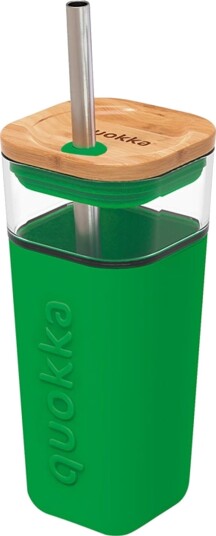 Quokka Liquid Cube   Glasskopp 540 Ml Med Sugerør I Rustfritt Stål Grønn