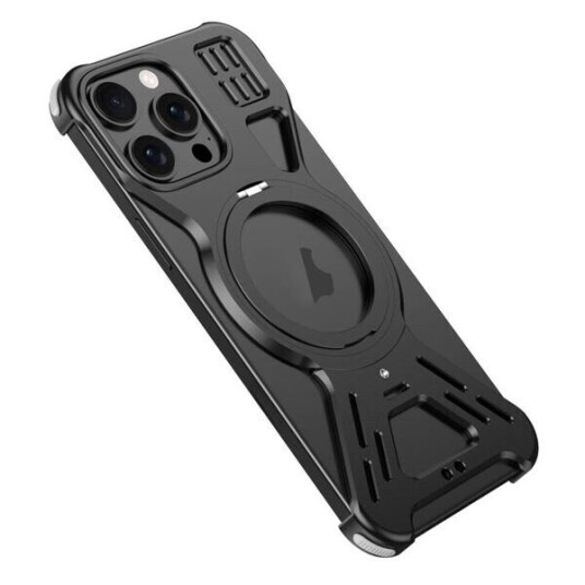 Metall bakre skall med stativ for iPhone 15 Pro   Svart