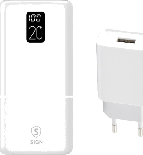 SiGN QC Powerbank 20000mAh med vegglader 2,4A Hvit