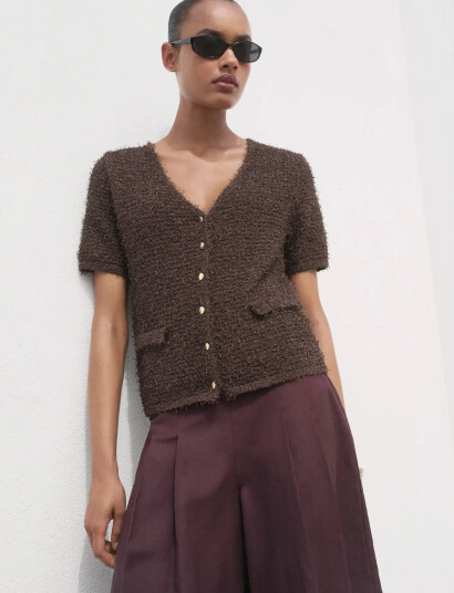 Mango Short-Sleeved Bouclé Cardigan - Brown - XS Mango Short-Sleeved Bouclé Cardigan - Brown - XS