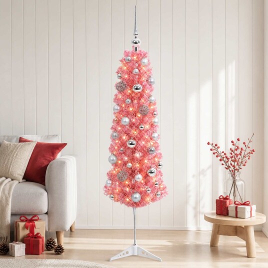 vidaXL Kunstig smalt juletre med juletrekuler 150 cm 150 LED-lys