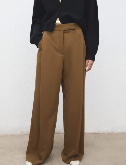 Mango Pleated Wide Leg Trousers Brown 36 Mango Pleated Wide Leg Trousers Brown 36
