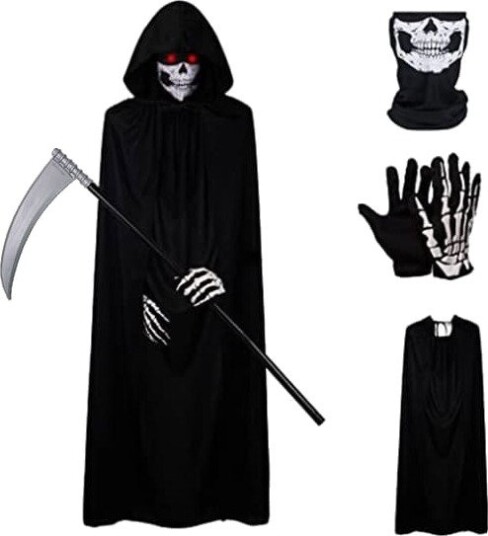 Halloween Dødskostyme med Svart Kappe og Ljå 140 cm