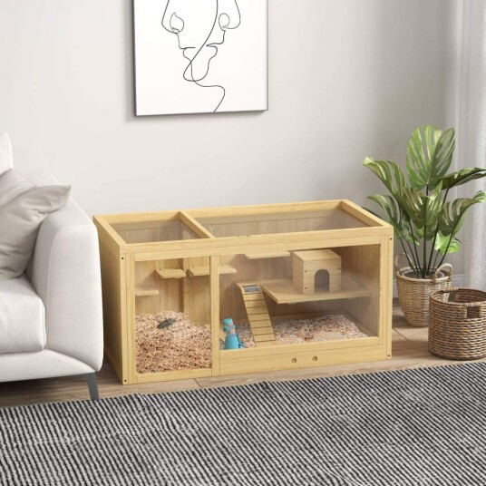 Hamsterbur i tre med husker og åpningstak Hamsterbur i tre med husker og åpningstak