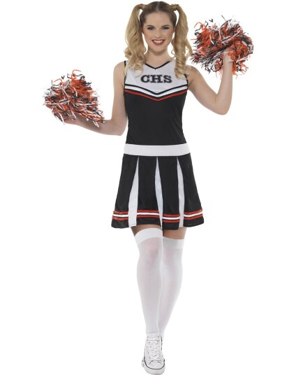 Cheerleader Kostyme i Svart og Hvitt med Pom Poms Cheerleader Kostyme i Svart og Hvitt med Pom Poms