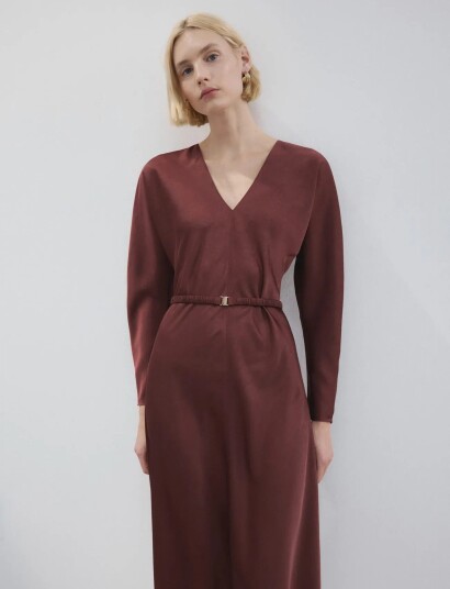 Mango Belted V Neck Dress Burgundy L Mango Belted V Neck Dress Burgundy L