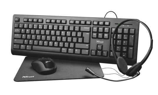Trust Primo 4-in-1 Home Office Set - Tastatur, mus, hodesett og musematte sett - Nederlandsk - Svart Trust Primo 4-in-1 Home Office Set - Tastatur, mus, hodesett og musematte sett - Nederlandsk - Svart