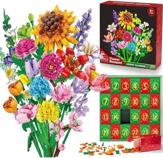 Julekalender 2026 med 24 dager med byggeklosser adventskalender med blomster DIY 3D gave til barn voksne og hobbyentusiaster