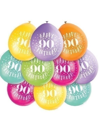 Happy 90th Birthday 10 stk Flerfarget Ballonger 22,8 cm