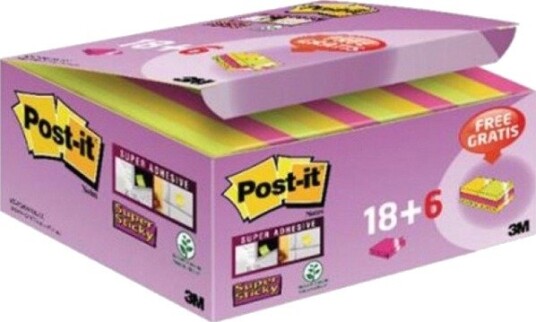 Post-It Super Sticky (622-P24sscol) Klistrelapper, 47,6X47,6 Mm, 18 + 6X90 Kort, Blandede Farger Post-It Super Sticky (622-P24sscol) Klistrelapper, 47,6X47,6 Mm, 18 + 6X90 Kort, Blandede Farger