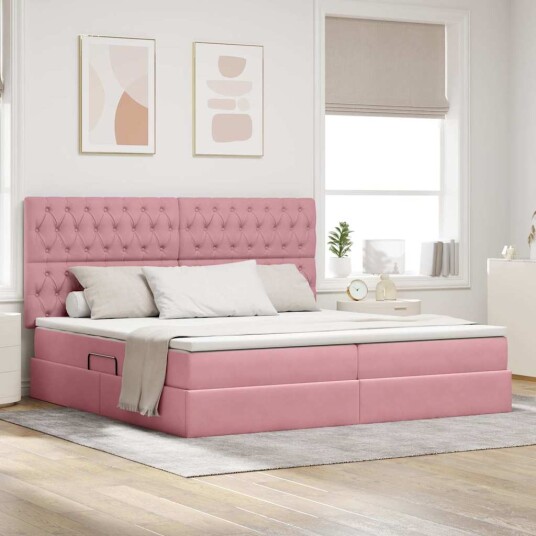 Seng med lagring og LED med madrass Rosa 200 x 200 cm Fløyel
