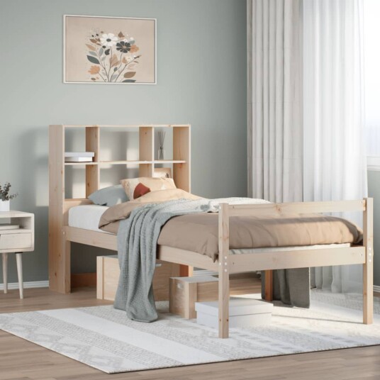 Seng med bokhylle uten madrass 90x200 cm heltre furu