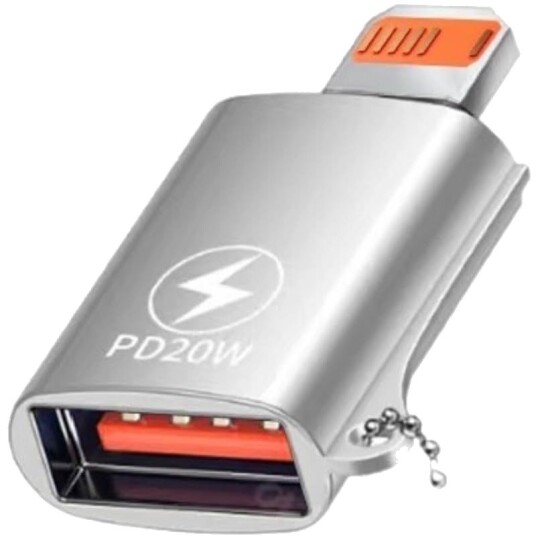 NÖRDIC USB-A 3.1 OTG hunn-til Lightning hann-adapter, Lightning-adapter for synkronisering og lading, aluminium sølv NÖRDIC USB-A 3.1 OTG hunn-til Lightning hann-adapter, Lightning-adapter for synkronisering og lading, aluminium sølv