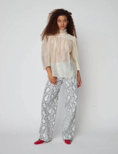 Stella Nova Pointelle High Neck Bow Blouse   Cream   36
