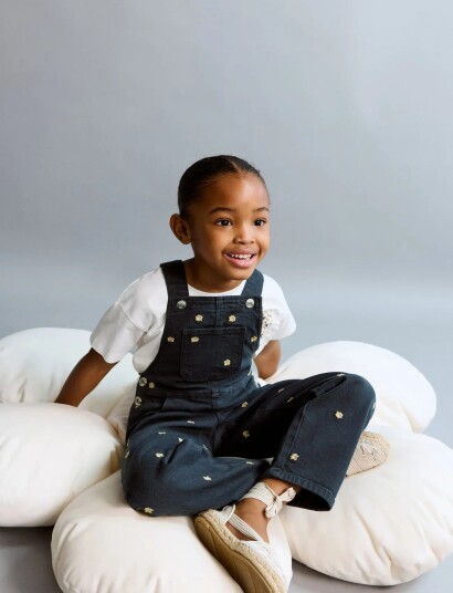 Mango Long Embroidered Floral Dungarees   Navy   18 24M