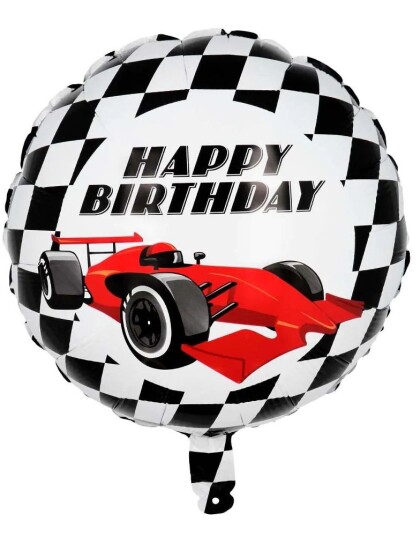 Happy Birthday Rund Folieballong med Racingmotiv 45 cm