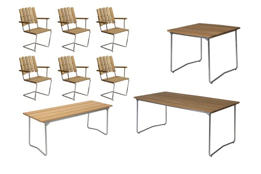 Grythyttan Stålmöbler B31 spisegruppe Oljert eik/galvanisert stål 6 lenestoler, benk 110 cm, bord 84 x 92 cm & bord 170 x 92 cm