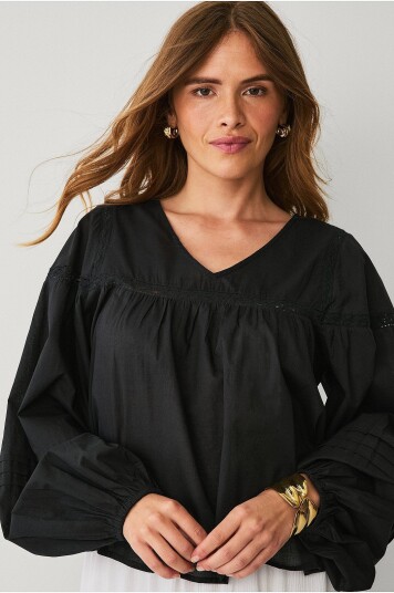 Ellos Collection Bluse med blondeinnsatser Svart