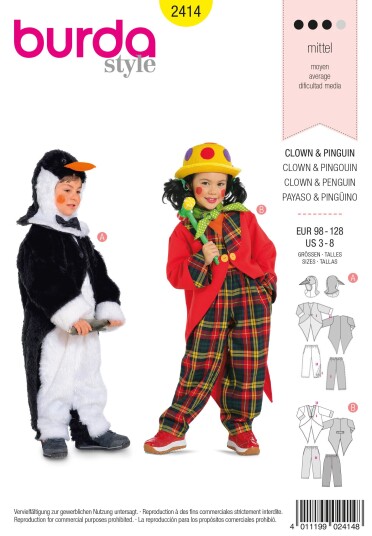 Burda 2414 - Klovn og pingvin EUR: 98-128, US: 3-8