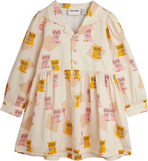 Mini Rodini Kittens Aop Woven Ls Dress   Cream   104/110