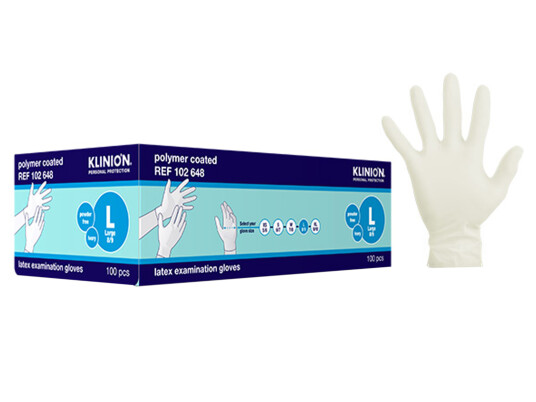 Klinion Hanske latex kort, Large, pudderfri, 100 stk, Klinion Hanske latex kort, Large, pudderfri, 100 stk,