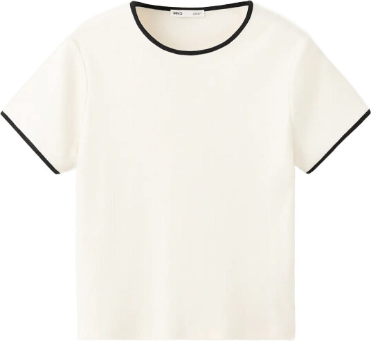 Mango Cotton T Shirt With Contrasting Trim Beige XS