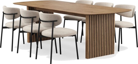 Richeto spisebord 240 cm med 6 Lucy spisestoler - Naturlig finish / Greige bouclé / Metallben svart