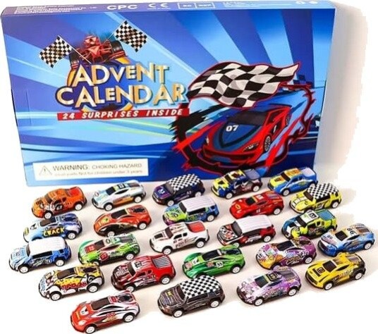 24 dagers adventskalender med biltema inkludert 24 fargerike racerbiler og baner julekalender