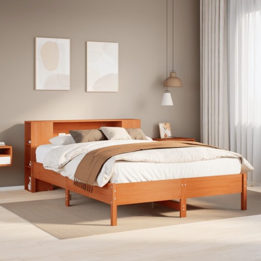  Seng med bokhylle uten madrass voksbrun 140x190 cm heltre furu 8721158616265