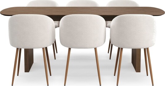 Richeto spisegruppe med 6 Greya spisestoler med armlener - Naturlig finish / hvit bouclé