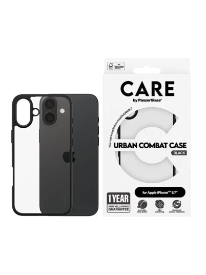 CARE by PanzerGlass Urban Combat Mobildeksel for iPhone 16 Plus - Gjennomsiktig Svart Ramme